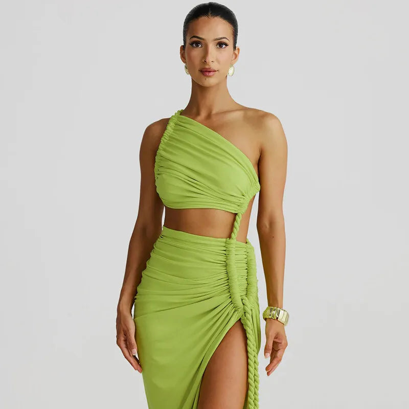 Cut Out Rope Design One Shoulder Slit Midi Dress