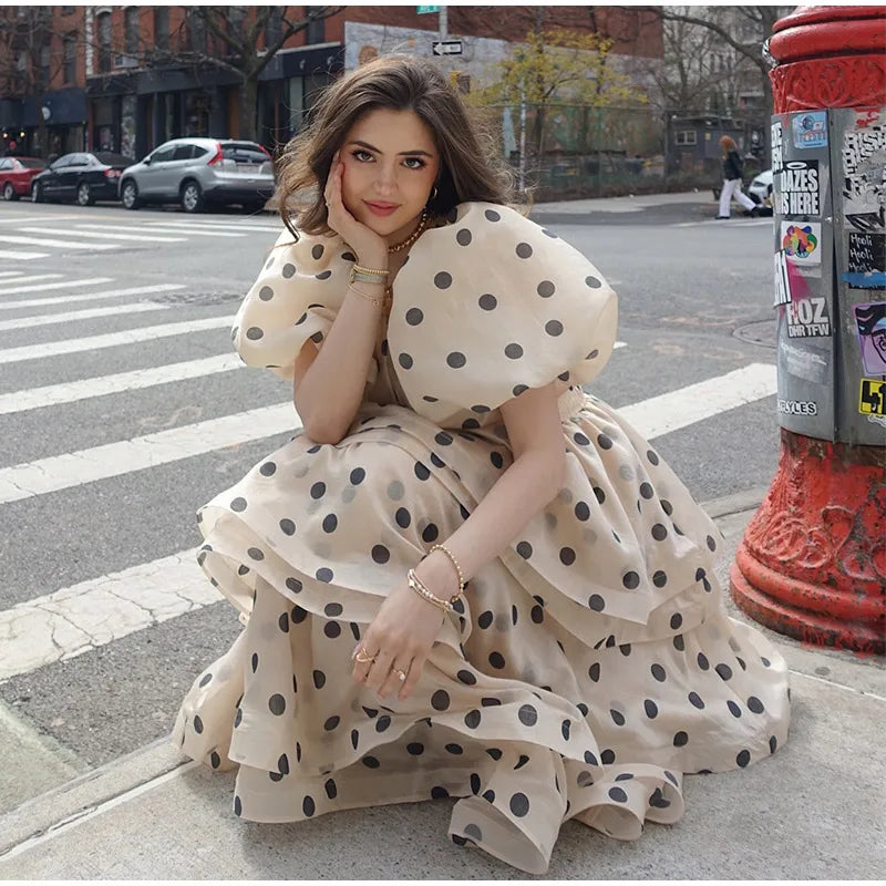 Polka Dot Bubble Sleeve Top And Ruffles Maxi Skirt Set