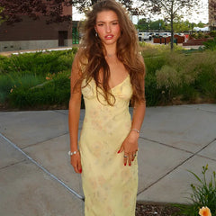 Yellow Floral Frill Strap Midi Dress
