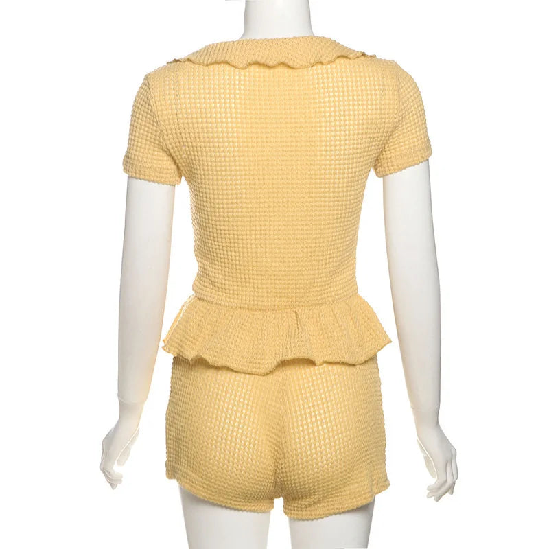 Ruffle Tie Up Top And Shorts Two Piece Set