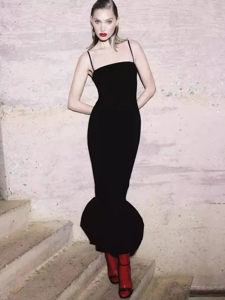 Black Spaghetti Strap Balloon Fishtail Midi Dress