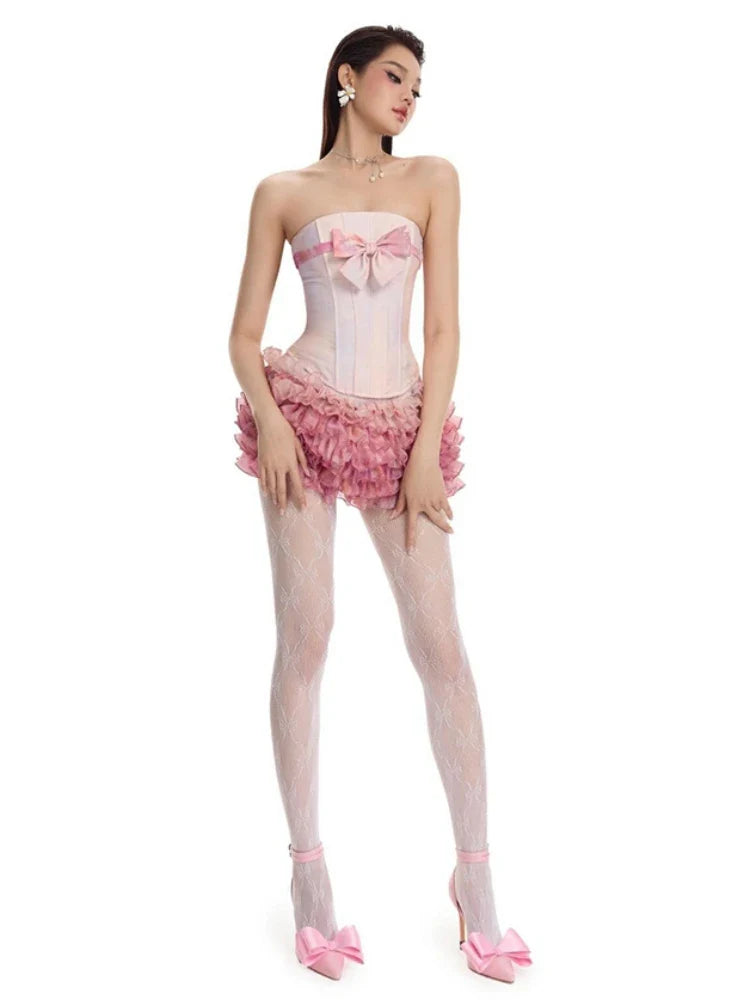 Strapless Corset Top And Ruffles A-line Mini Skirt Set