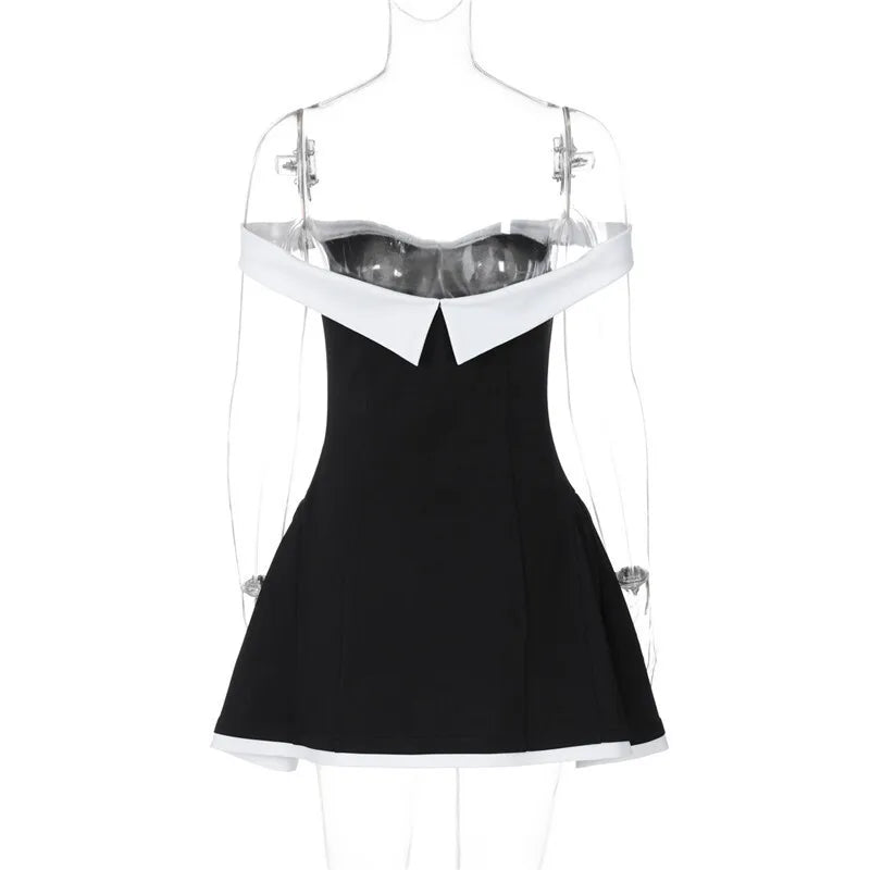 Black Flare White Off-shoulder Mini Dress