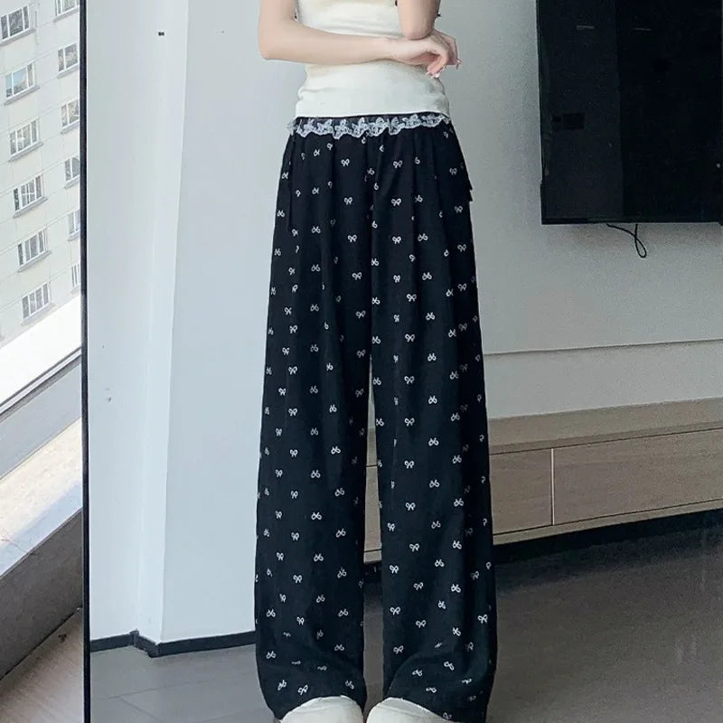 Bow Printed Wide Leg Pants
