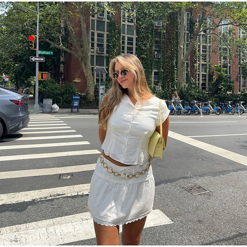 White Short Sleeve Top And Mini Skirt Set