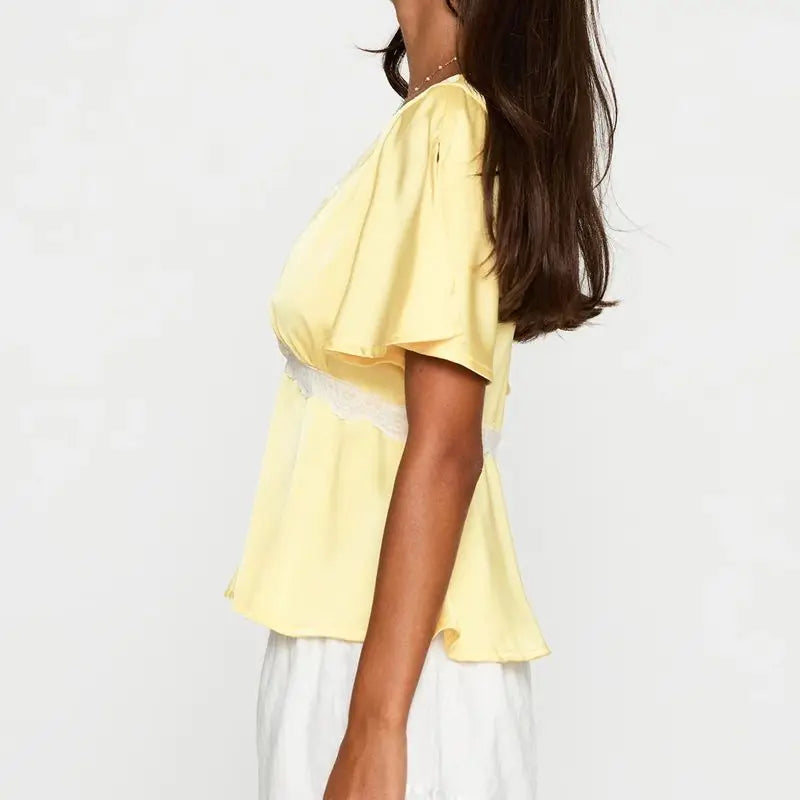 Lace Trim Flare Sleeve Top - High Street Chic