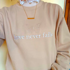 Love Never Fails Butterfly Embroidered Khaki Crewneck Sweatshirt