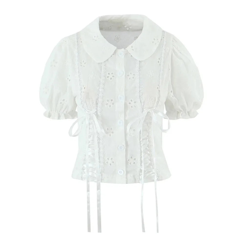 White Embroidery Lace Peter Pan Collar Short Sleeve Top