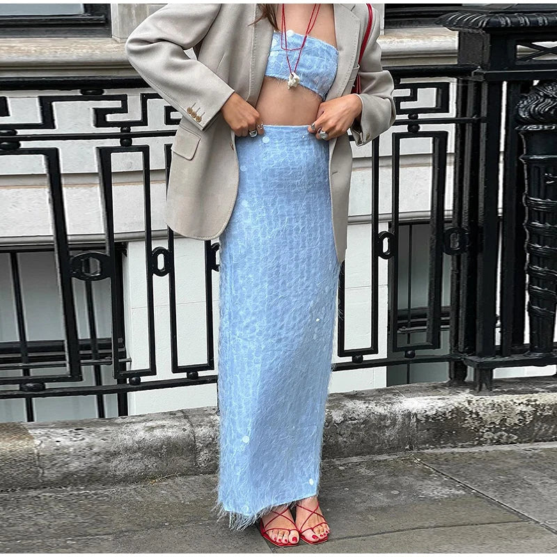 Blue Sequin Tube Top And Maxi Skirt