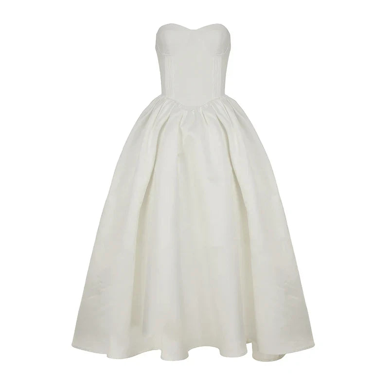 White Strapless Lace Up Midi Dress