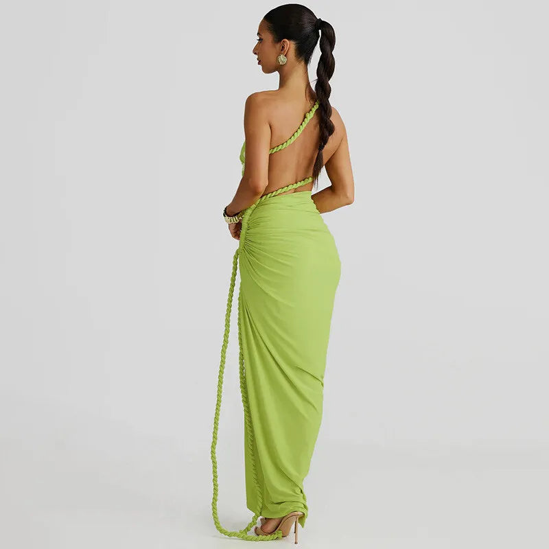 Cut Out Rope Design One Shoulder Slit Midi Dress