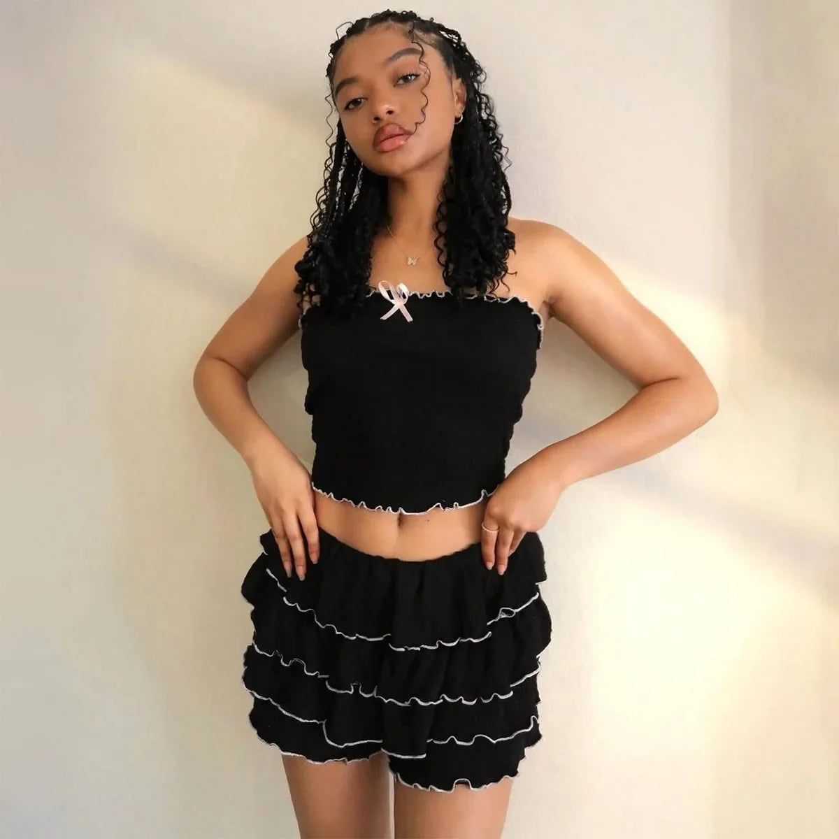 Black Bow Crop Top Ruffled Mini Skirt Set