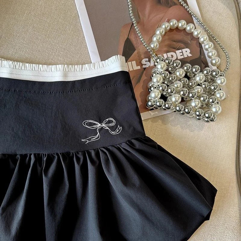 Bow Patchwork Pleated Mini Skirt
