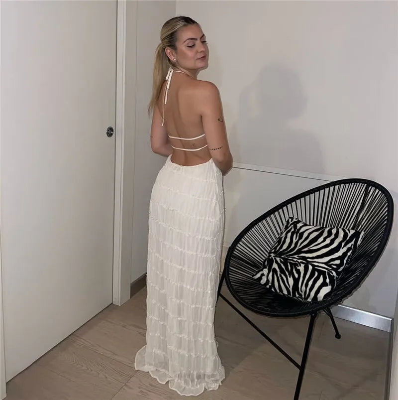 Halter Textured Open Back Maxi Dress