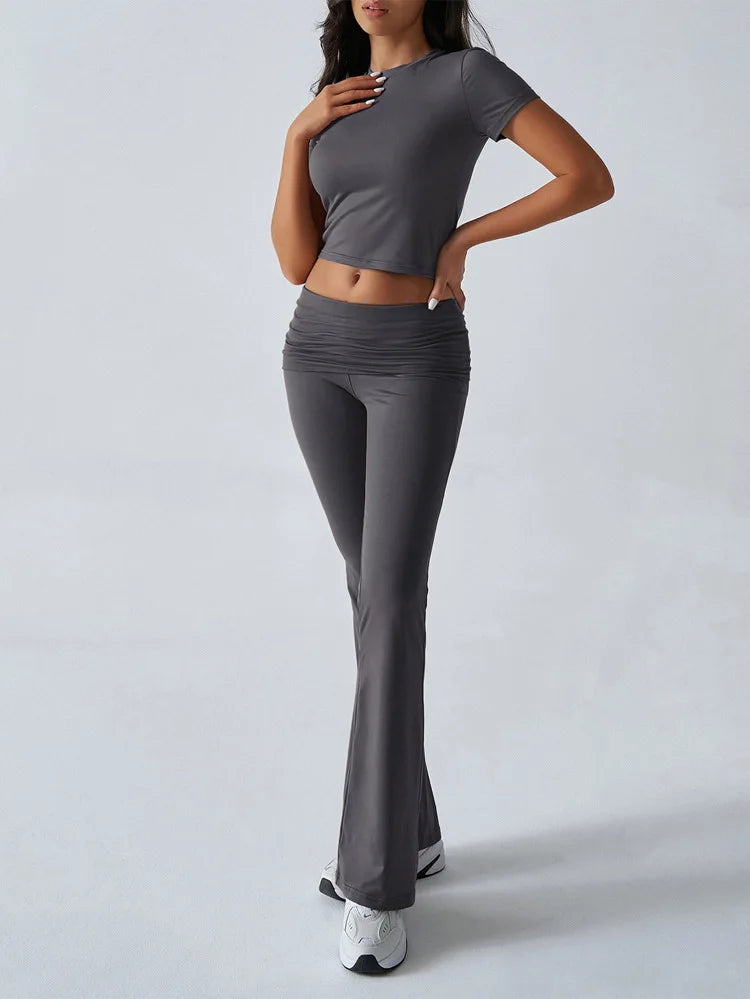 Slim Fit Two Piece Short Sleeve Top & Pant Set - Athleisure Workout Style
