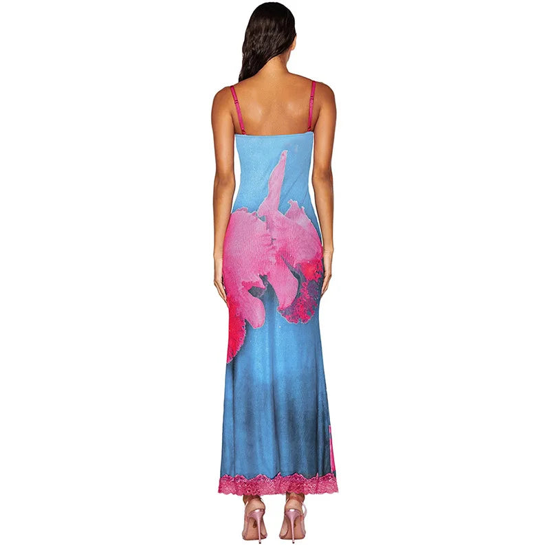 Printed Pink Lace Cami Maxi Dress