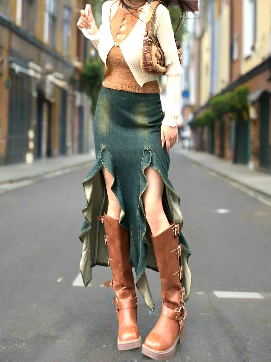 Denim Frill Slit Midi Skirt