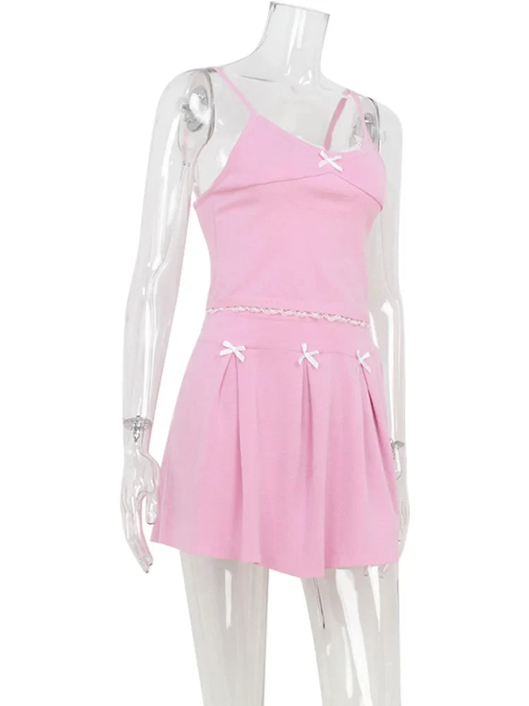 Pink Bow Ribbed Cami Top And Mini Skirt Set