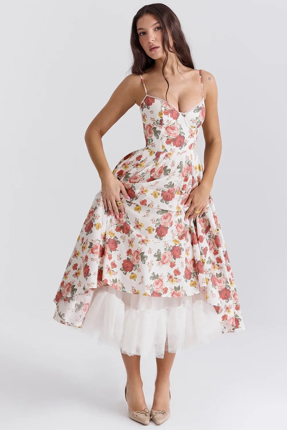 Satin Bustier Strap Tulle Midi Dress