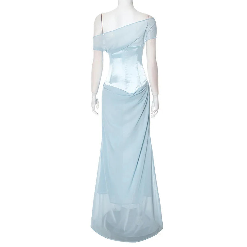 Blue Satin Corset Chiffon Off-shoulder Maxi Dress