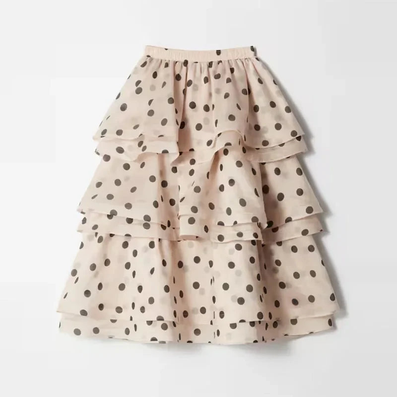 Polka Dot Bubble Sleeve Top And Ruffles Maxi Skirt Set