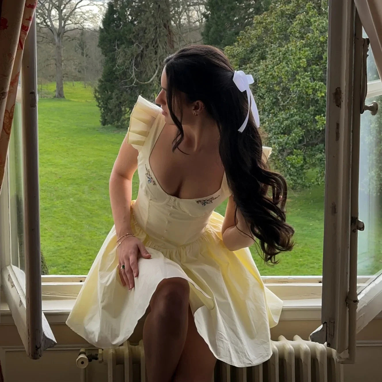 Yellow Floral Embroidery Flare Sleeve Mini Dress