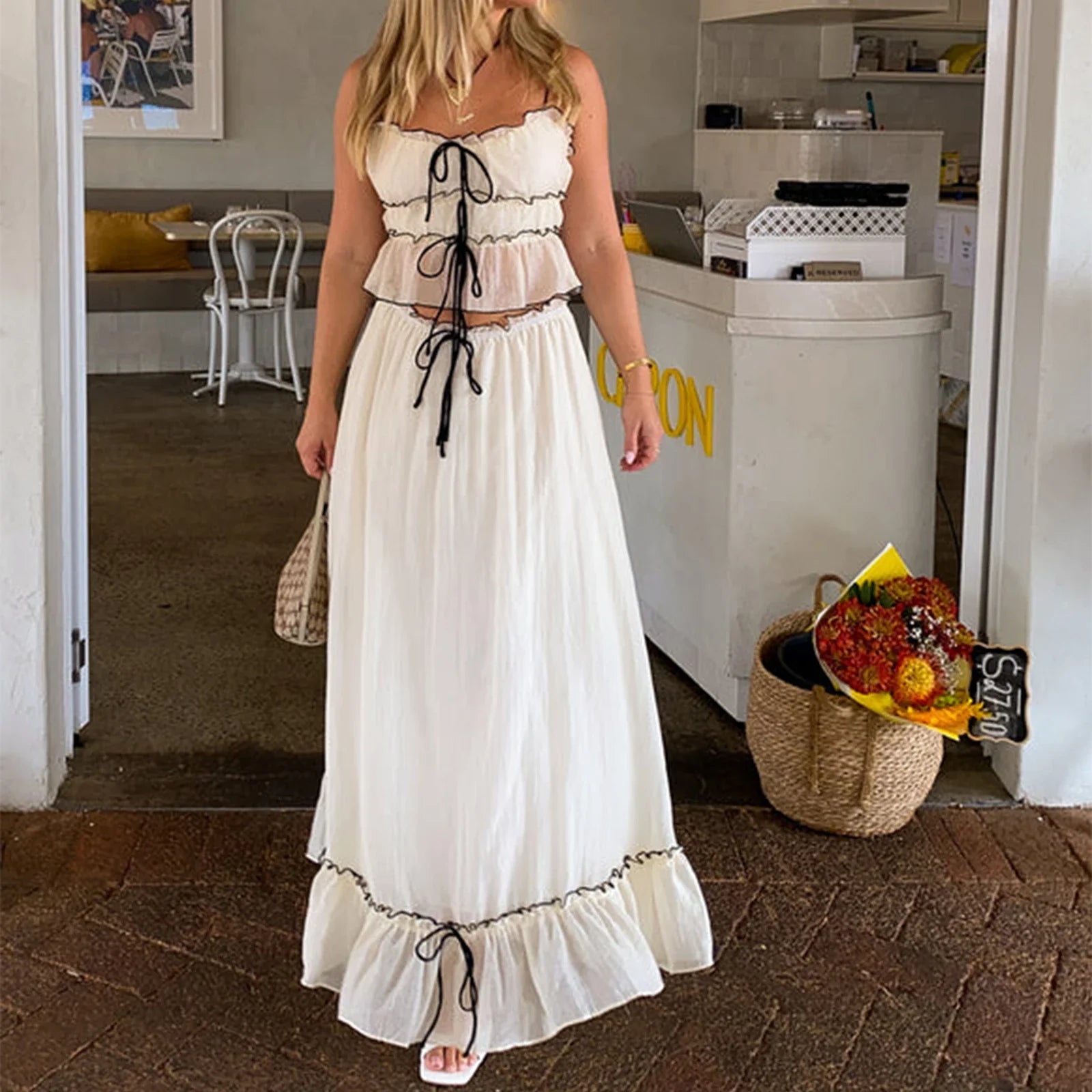 Cami Tie Up Top And Maxi Skirt Set