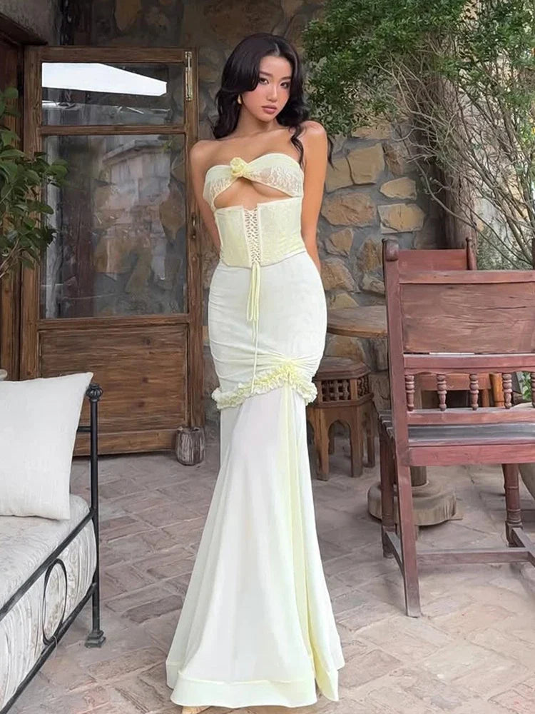 Strapless Cut Out Mesh Corset Ruffles Maxi Dress
