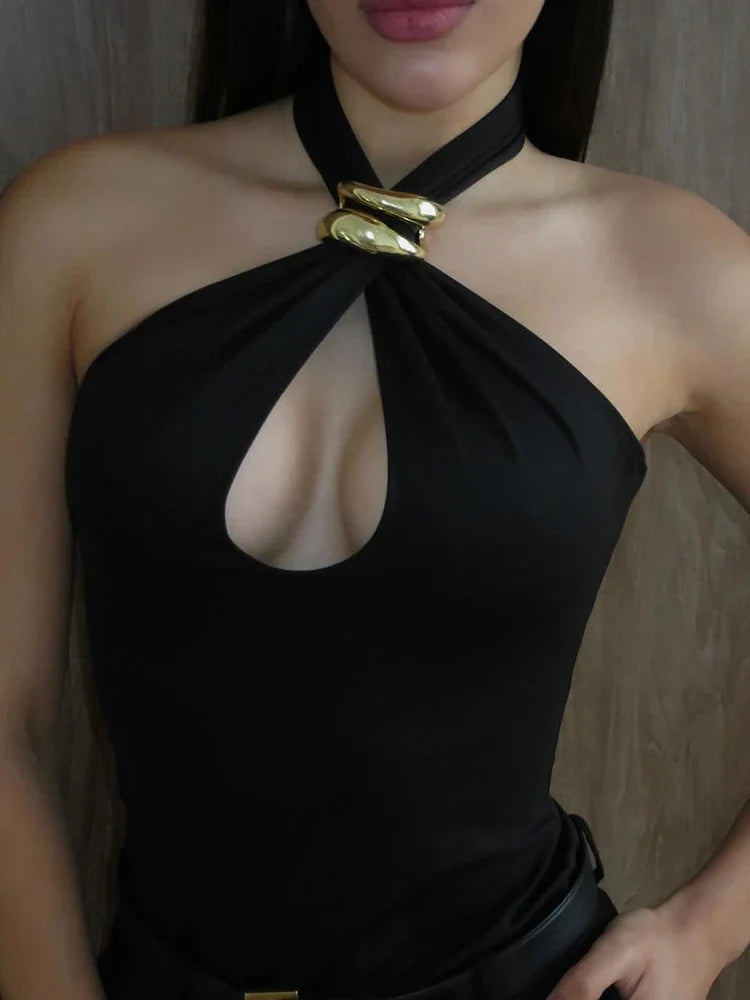 Halter Hollow Out Metal Ring Design Top