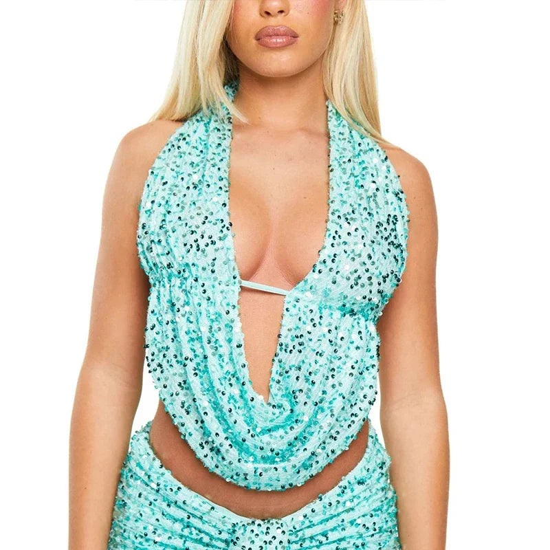 Sequins Deep Neck Halter Tank Top