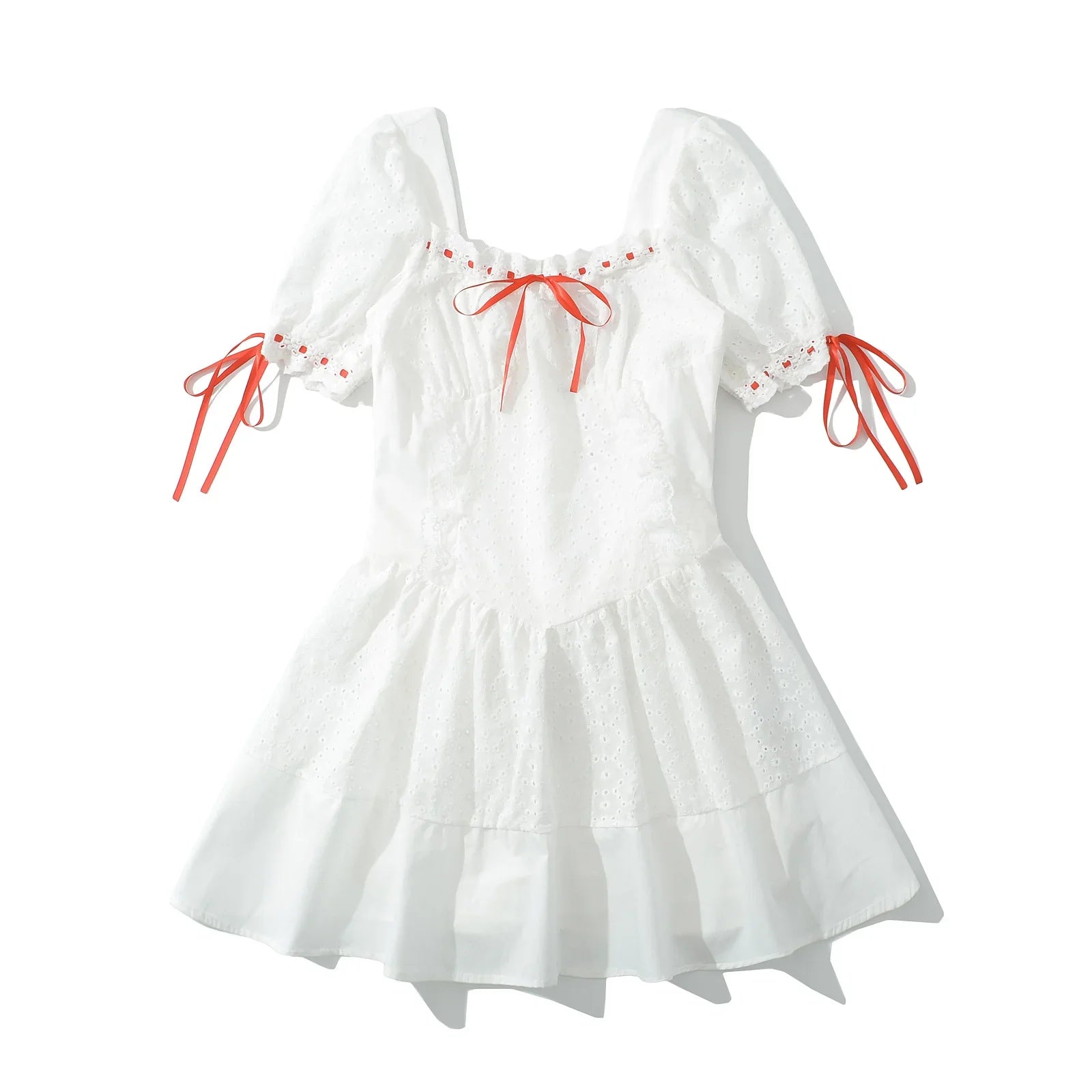 White Puff Sleeve Red Ribbon Lace Up Mini Dress