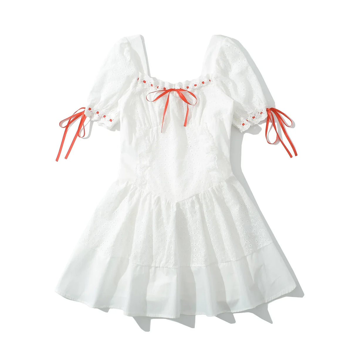 White Puff Sleeve Red Ribbon Lace Up Mini Dress