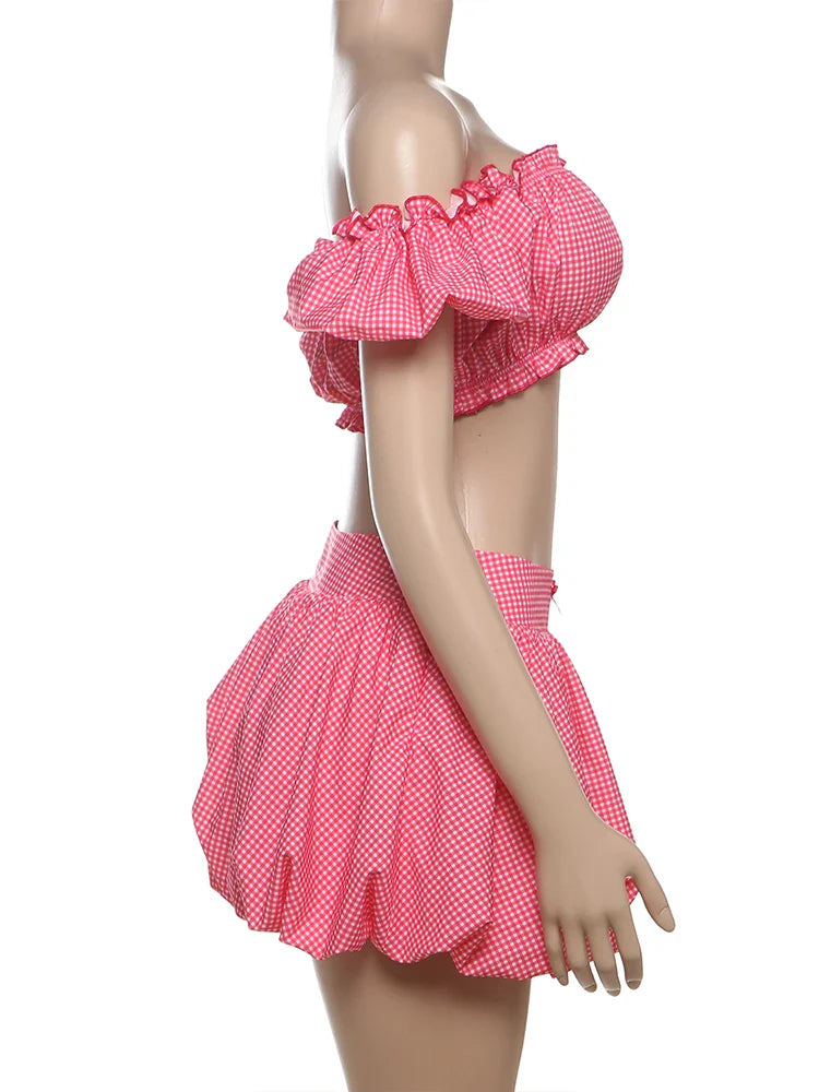 Pink Plaid Off shoulder Crop Top And Mini Skirt Set