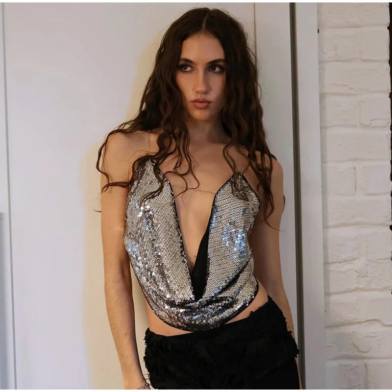 Silver Sequin Halter Open Back Top
