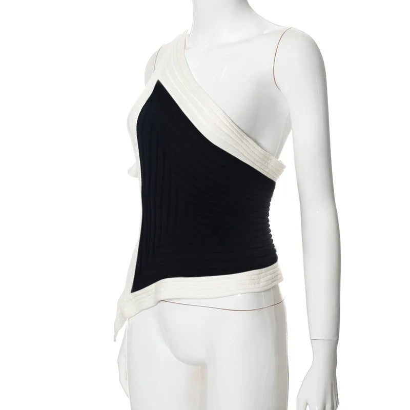 Black and White Color Block Asymmetrical One Shoulder Top