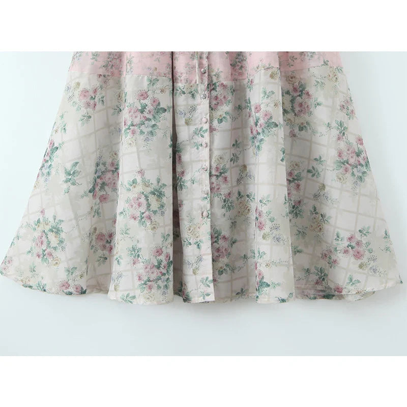 Two Tone Floral Print Puff Sleeve Midi Dress