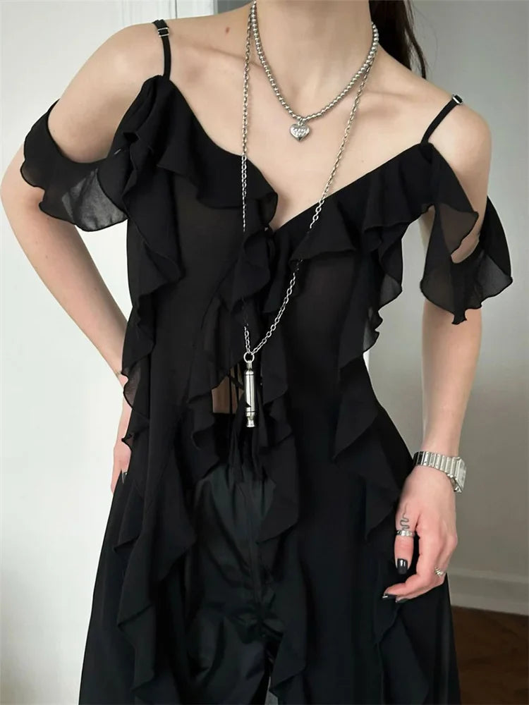 Ruffled Fringe Strap V-Neck Long Top