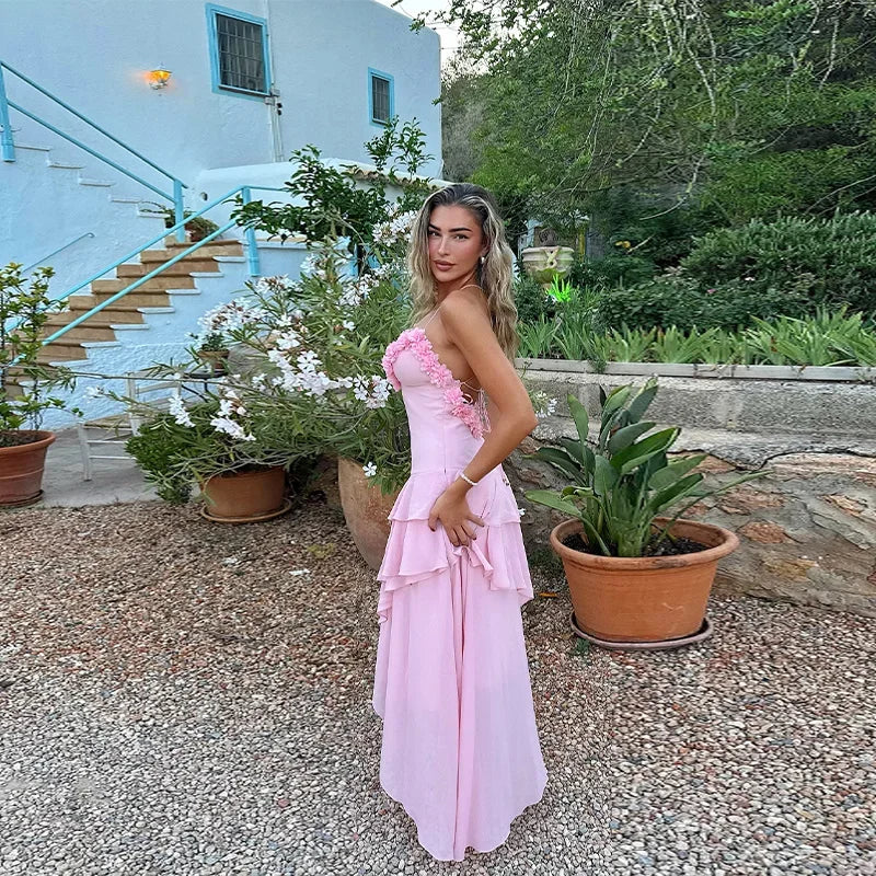 Pink Frill Layered Strap Maxi Dress