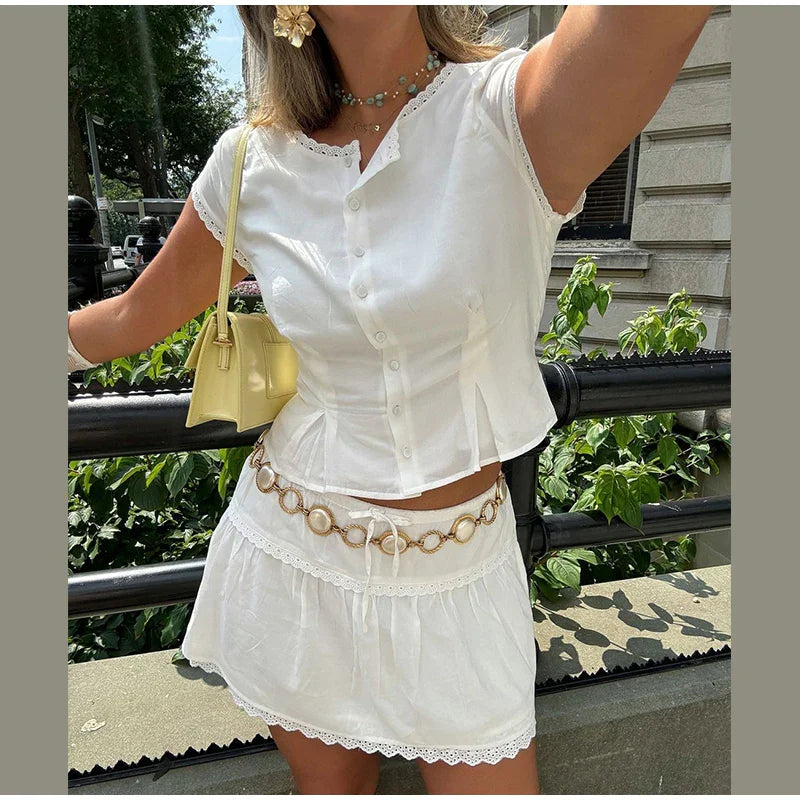 White Short Sleeve Top And Mini Skirt Set