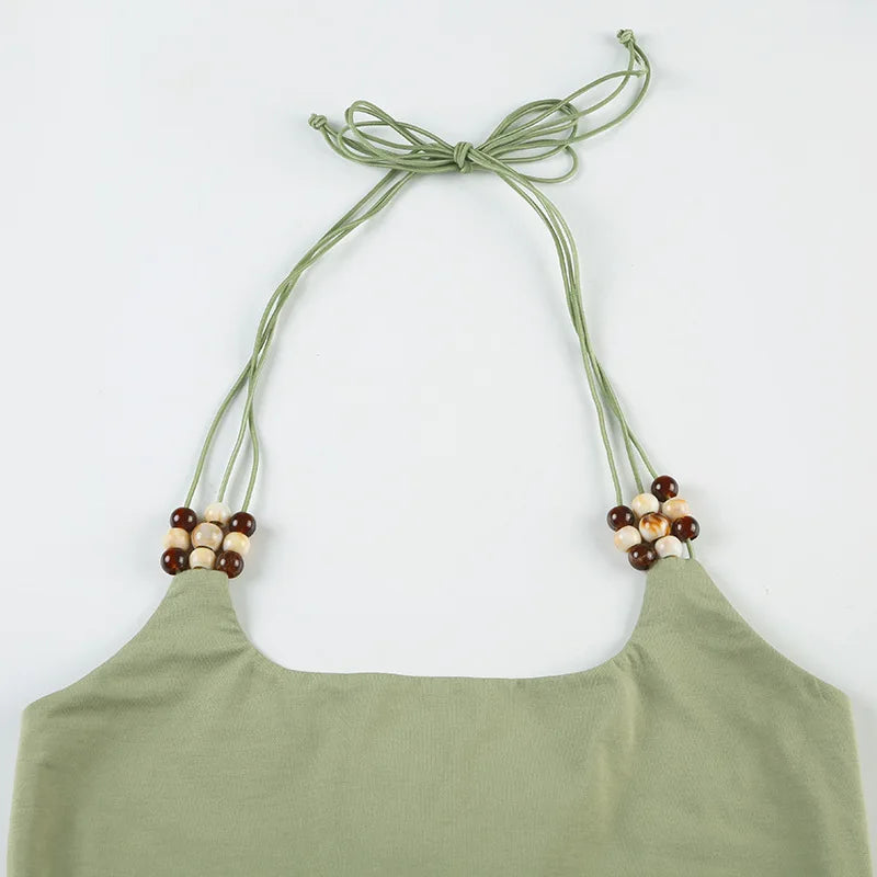 Green Beaded Halter Strap Top