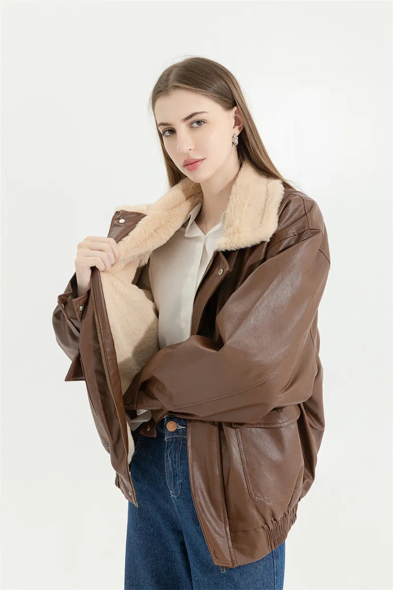 Faux Leather Lining Bomber Jacket