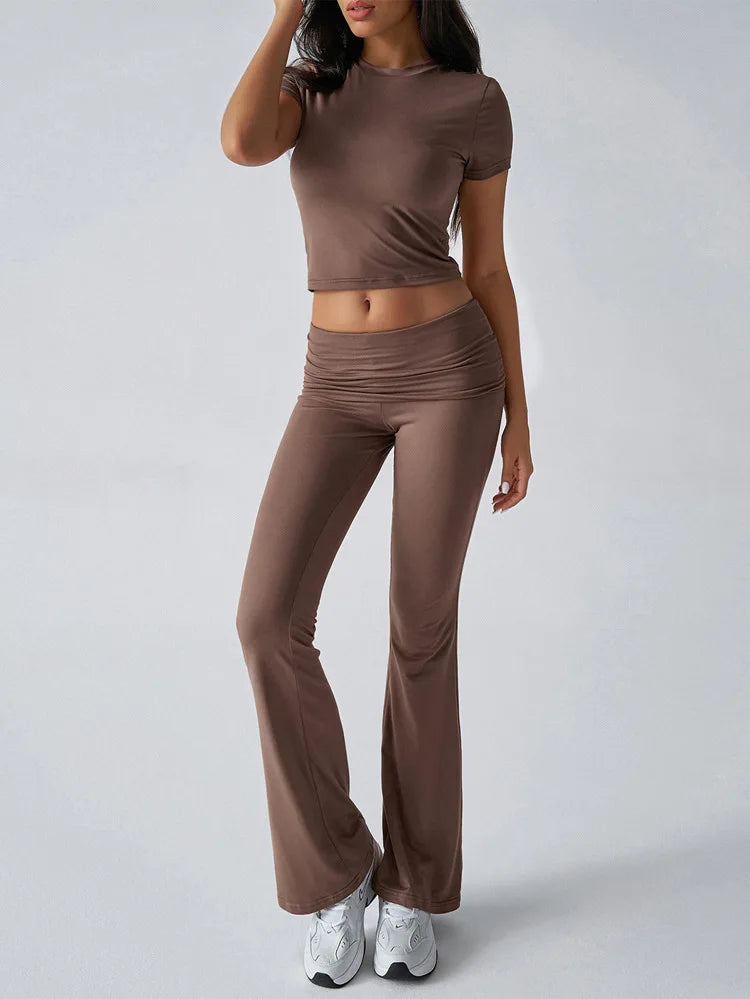 Slim Fit Two Piece Short Sleeve Top & Pant Set - Athleisure Workout Style