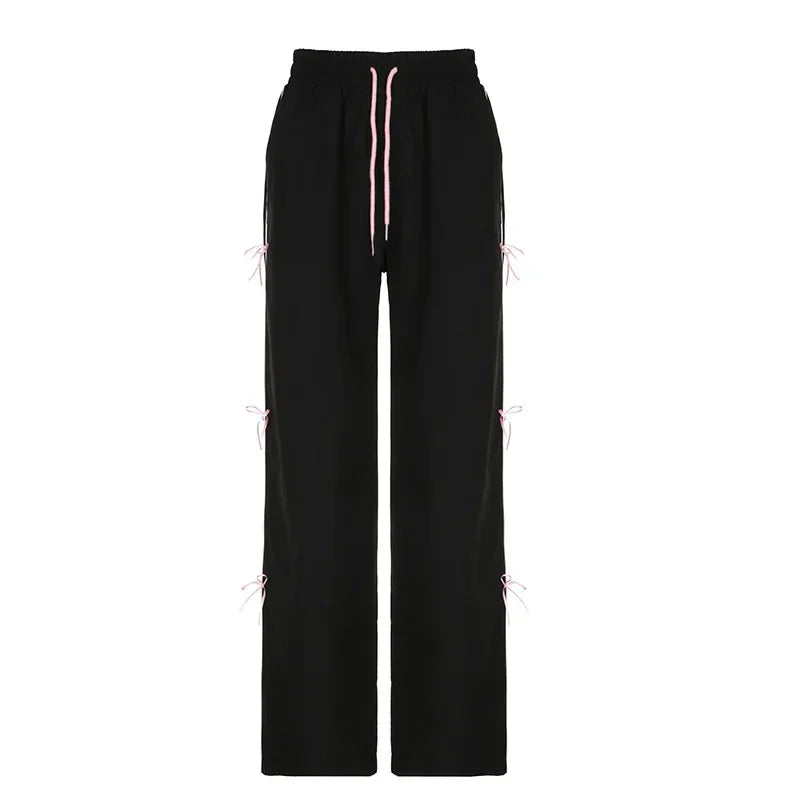 Black Side Bow Drawstring Straight Sweatpants