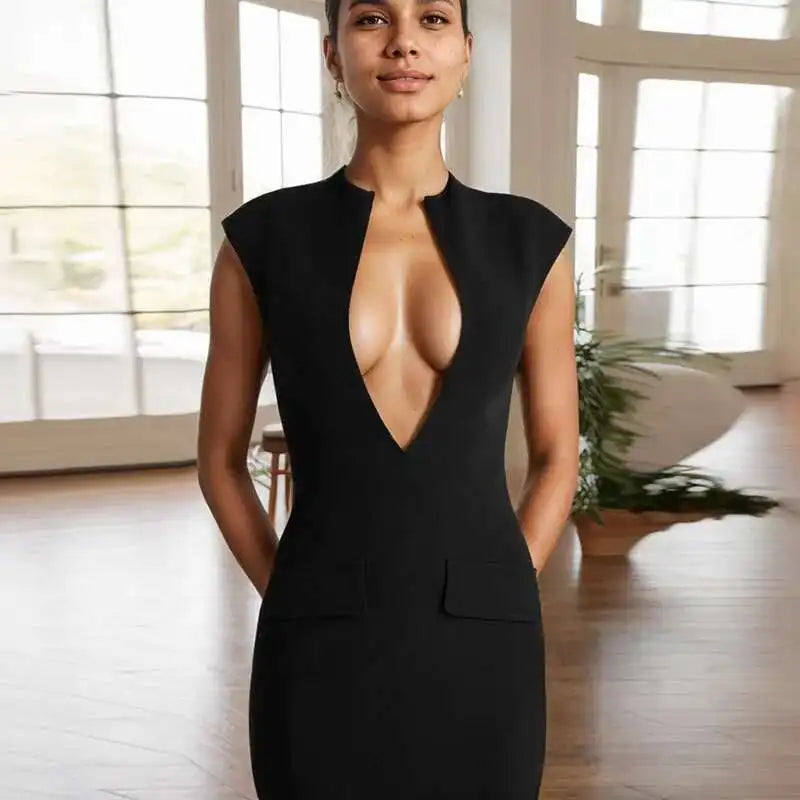 Deep Neck Short Sleeve Solid Midi Dress