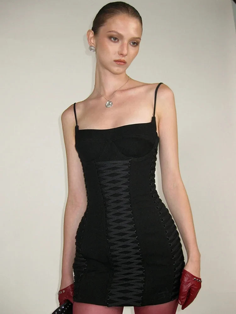 Black Lace Up Bodycon Strap Mini Dress