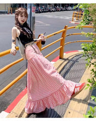 Pink Checkered Long Skirt - Casual A-Line