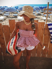 Red And White Checkered Print Strapless Top