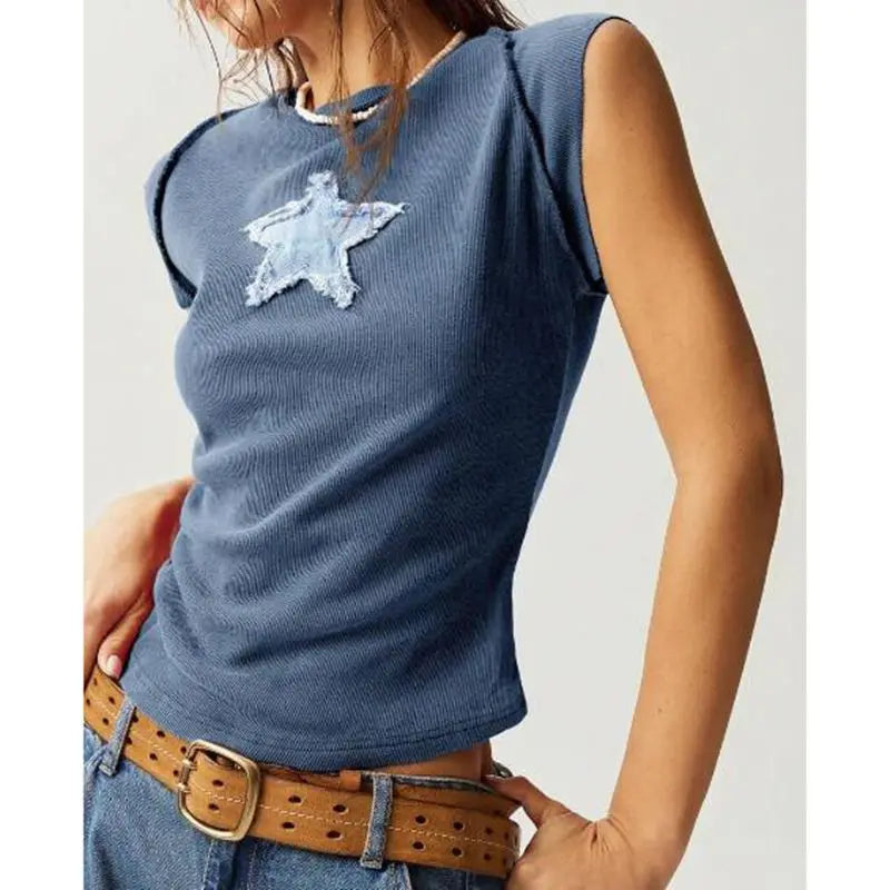 Round Neck Star Patch Tank Top - Cosmic Chic