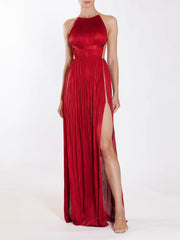 Red Pleated Halter Open Back Maxi Dress