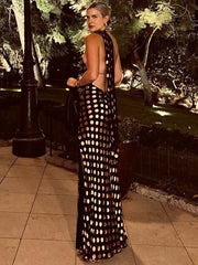 Black Polka Dot Halter Drape Midi Dress